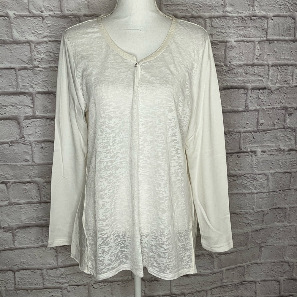 Soft Surroundings Medium M Mixed Media Off White Top Rhinestone Button Raw Seams
